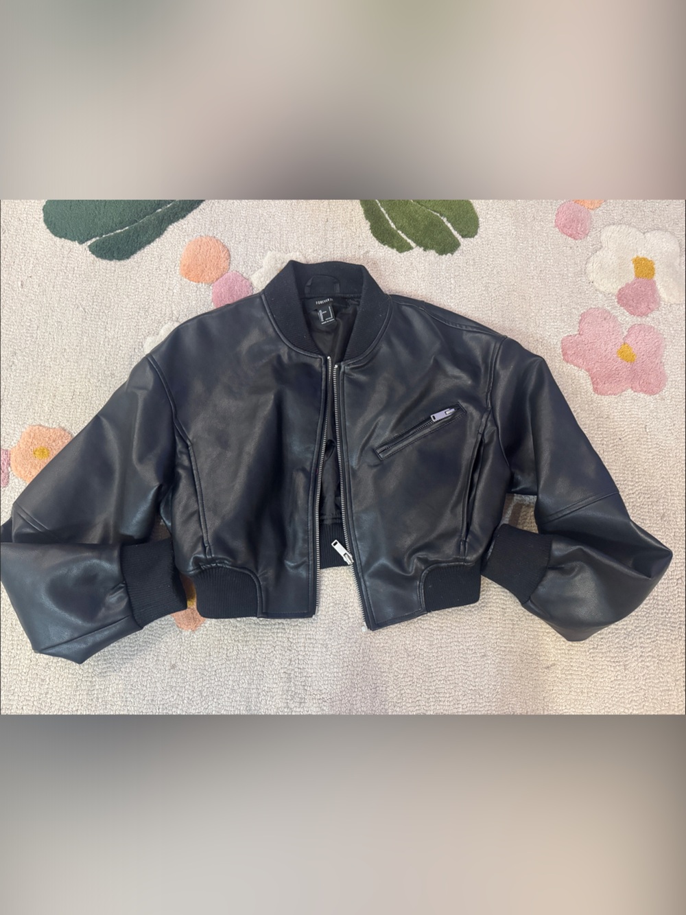 Forever 21 Black Faux Leather Cropped Bomber Jacket S